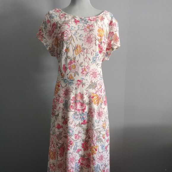 Chaps Floral print cream scoop neck 100% cotton maxi dress sleeves boho NWOT XL - Picture 1 of 5